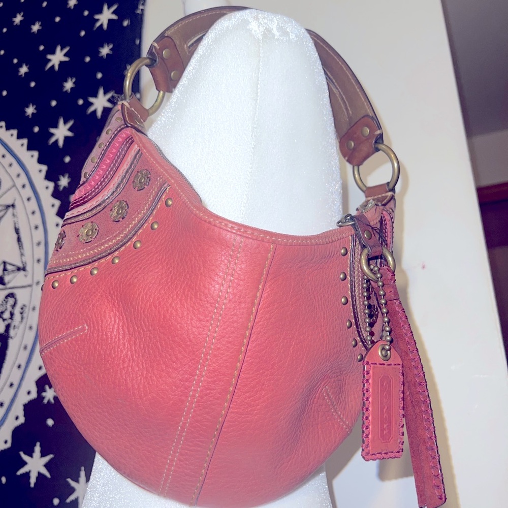 Coach Pebbled Leather Studded Embellished Hobo Bag 10477 Boho Rose Pink